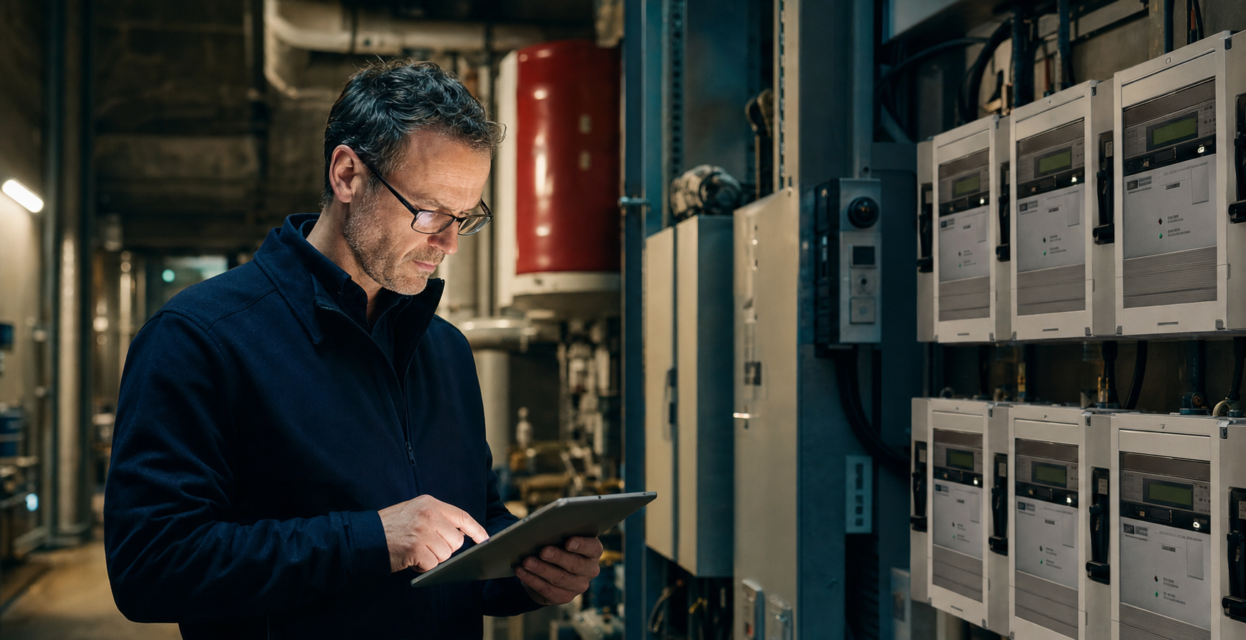 Commercial energy professional reviewing utility information beside meters and plant-room equipment.