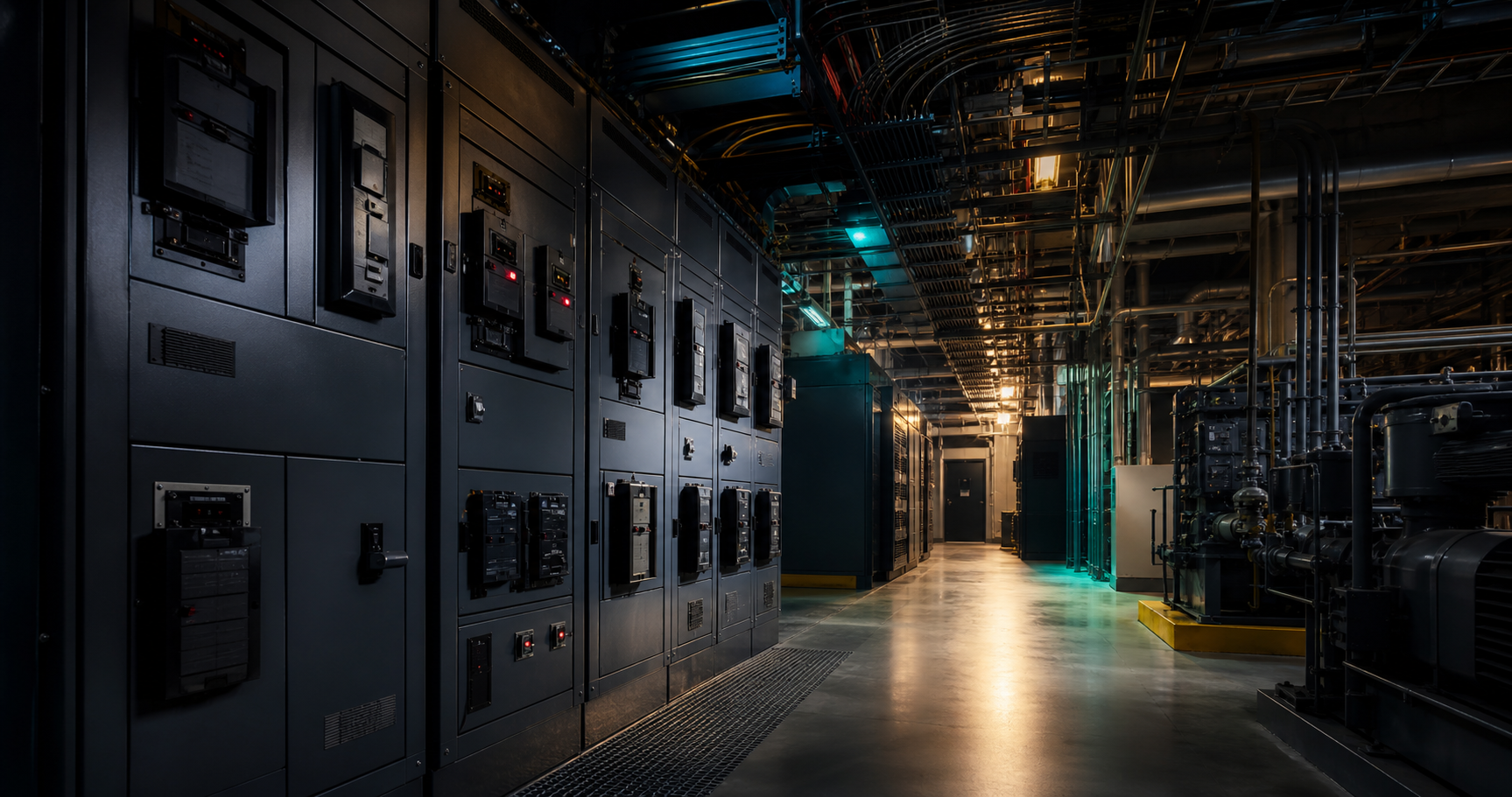 Critical commercial utility infrastructure with electrical distribution cabinets and plant-room equipment.