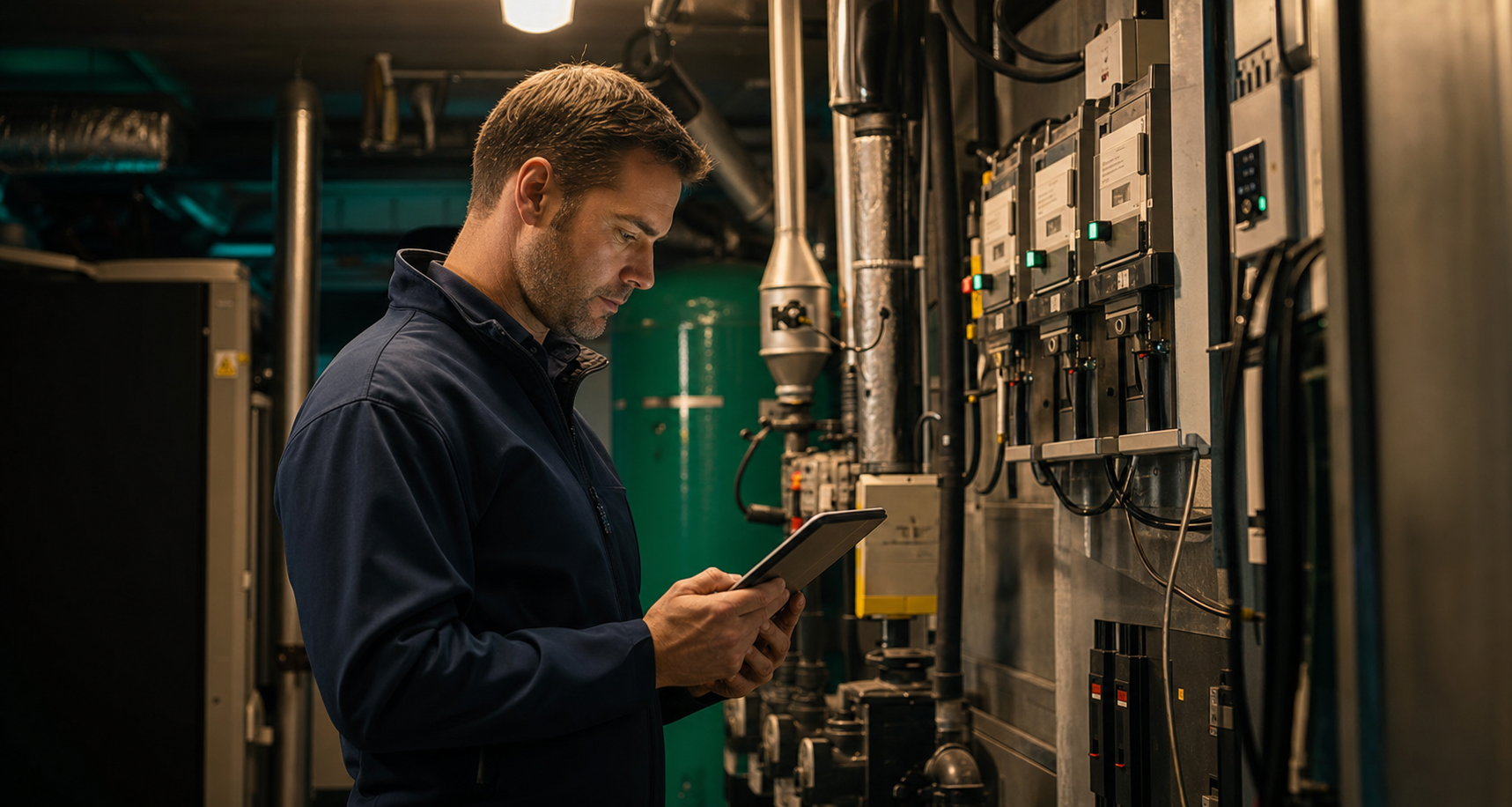 Commercial energy professional reviewing utility account information beside commercial metering and plant-room equipment.